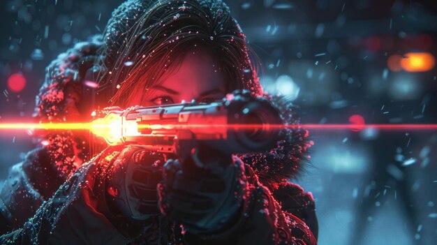 写真 冬のカモフラージュでライフルを狙っている女性狙撃手のクローズアップ
