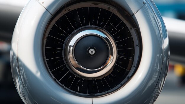Фото Крупным планом вращающиеся лопасти реактивного двигателя самолета являются частью концепции путешествия на самолете