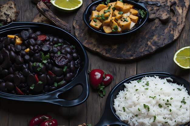 사진 브라질의 맛있는 페이조아다 (feijoada) 의 클로즈업 (close-up) 전통적이고 맛이 풍부한 맛있는 고기와 크림 같은 검은 콩 (creamy black beans) 인 ai에 의해 생성되었습니다.