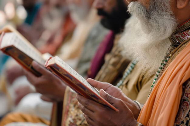 Фото Вблизи человек, читающий священные тексты во время духовного собрания