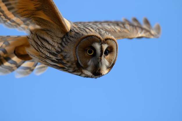 Фото Близкий взгляд на сильное лицо совы в середине полета с чистым голубым небом