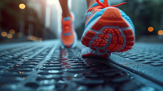 Фото closeup of athletic shoes on wet urban street at dusk