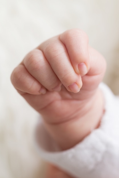 사진 아름 다운 귀여운 작은 아기 손의 근접 촬영입니다. 출산 개념.