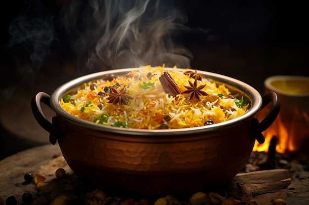 Фото closeup of biryani being cooked in a traditional handi over an open flame