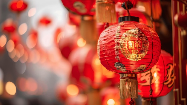 사진 새해 축제 기간 동안 황금 문자를 가진 중국 은 등불의 클로즈업.