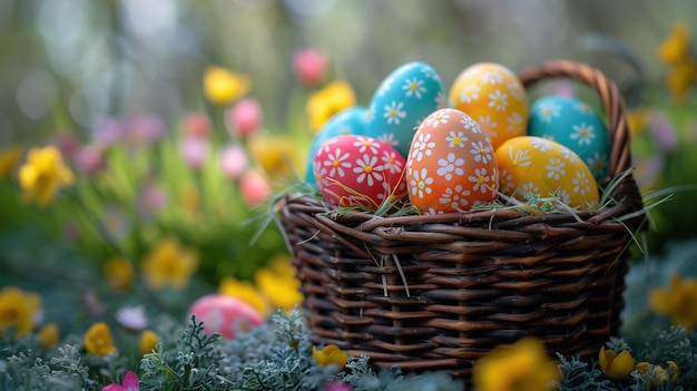 Фото Клоуз-ап красочных пасхальных яиц, расположенных в корзине с весенними цветами на заднем плане