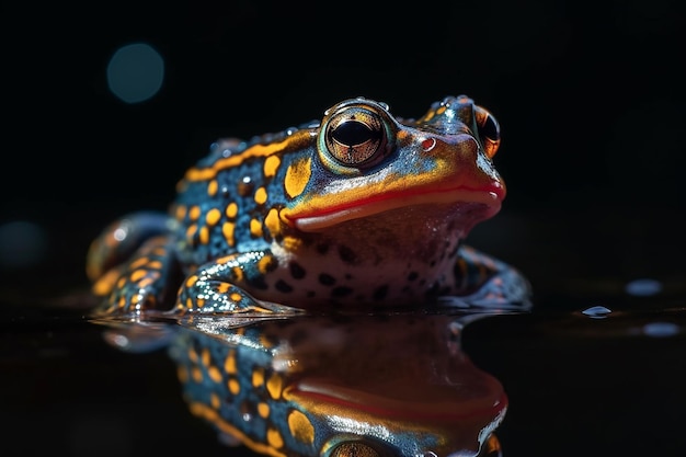 클로즈업_of_colorful_frog_siting_in_reflective_water_of_p