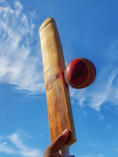 Фото Клоуз-ап деревянной биты для крикета, бьющей красный кожаный мяч на синем фоне солнечного дня