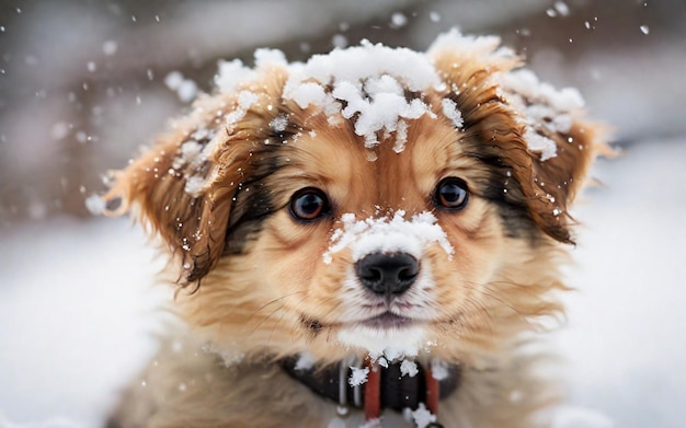 Фото Клоуз-ап милого щенка в снегу