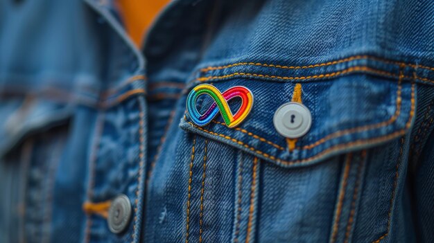 Foto closeup of denim jacket with autism awareness rainbow pin generative ai