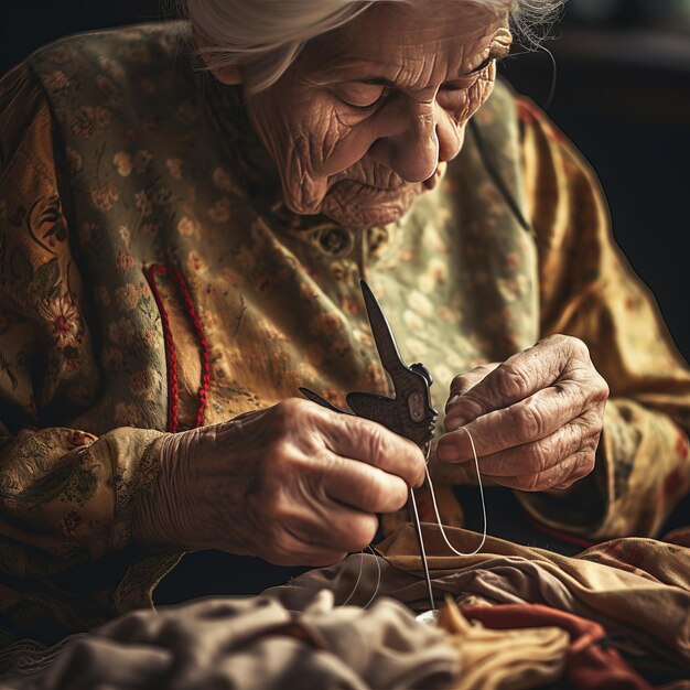 Фото Клоуз-ап рук пожилой женщины, использующей иглу и нить для починки брюк избирательный фокус пожилая старуха с морщинистыми руками ремонтирует старую одежду