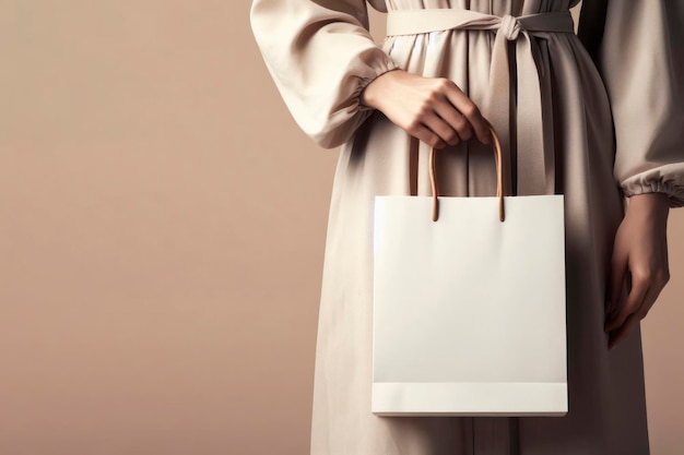 写真 空の白いショッピングペーパーバッグを握っている女性の手のクローズアップ