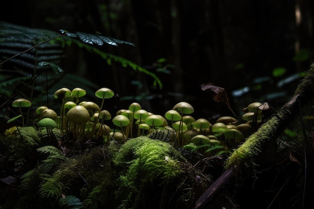 사진 어두운 열대 우림에서 양치류와 버섯의 근접 촬영
