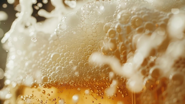 写真 国際ビールデーに新しく注がれたピントグラスから溢れる泡のようなビール泡のクローズアップ