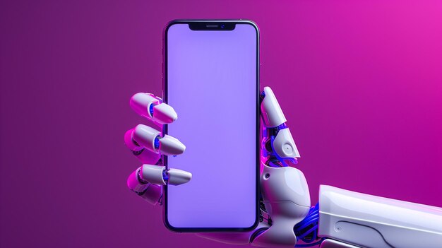 写真 空の画面のスマートフォンを握っている未来的なロボットの手のクローズアップ