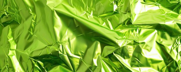 사진 녹색 포일 텍스처 배경의 클로즈업은 단단한 네온 녹색입니다.