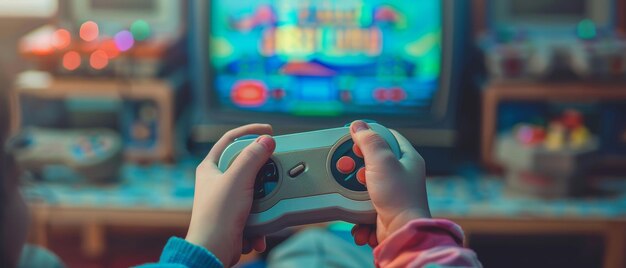 写真 居心地の良いリビングルームでテレビでビデオゲームをしているクラシックゲームコントローラーを握っている手のクローズアップ