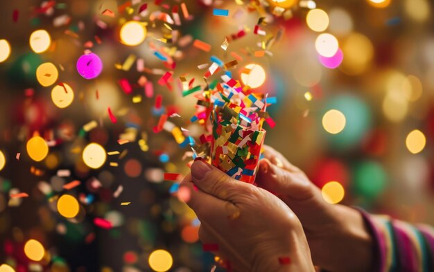 Фото Клоуз-ап рук, держащих конфетти-наполненный парти-поппер