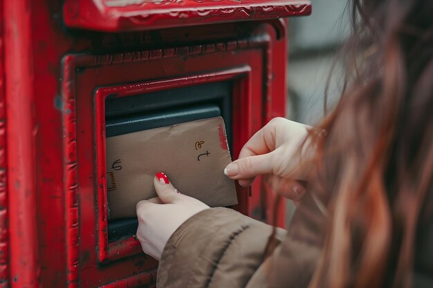 Фото Клоуз-ап рук, посылающих письмо в красный почтовый ящик в облачный день концепция традиционного общения ностальгическая и винтажная сцена почтовой службы ии