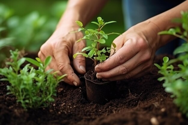 写真 庭で屋外の植物を移植する手のクローズアップ