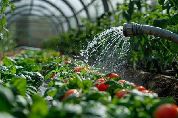 写真 温室で野菜に水を注ぐホースノズルのクローズアップ