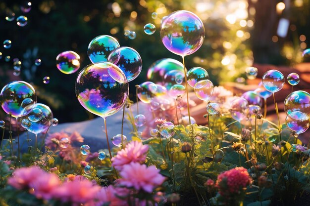 Фото Близкий взгляд на радужные мыльные пузырьки, плавающие над пышным садом