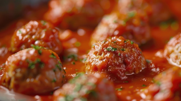 Foto closeup of juicy meatballs simmering in a rich tomato sauce