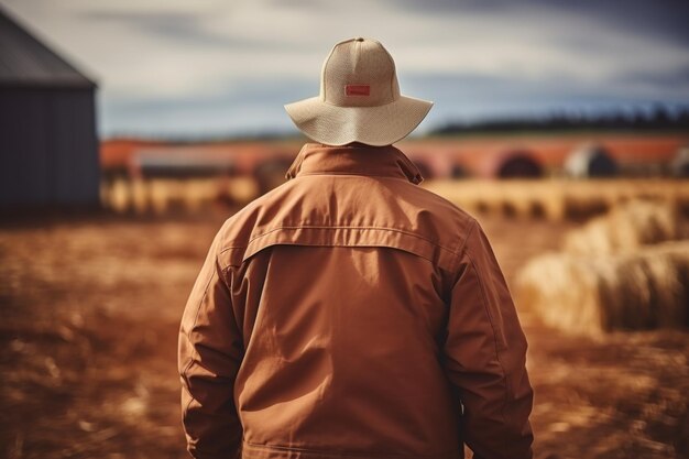 Фото Клоуз-ап фермера, стоящего на сельскохозяйственной ферме с стоками сена на сельском пейзаже