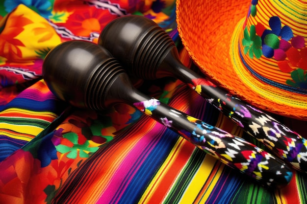 사진 화려 한 멕시코 담요 를 배경 으로 한 마라카 와 브레로 의 클로즈업