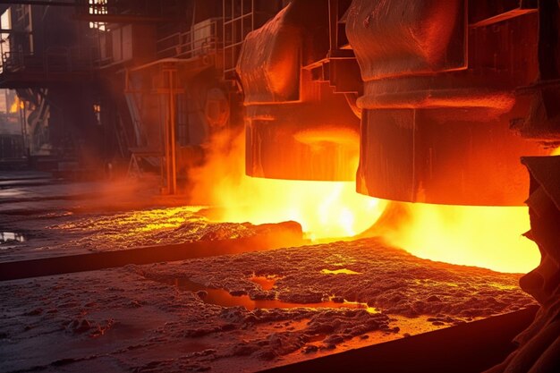写真 鉄鋼工場で溶けた鋼のクローズアップ