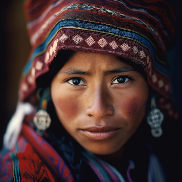 先住民文化の伝統的な衣装を着たペルー人女性のクローズアップ