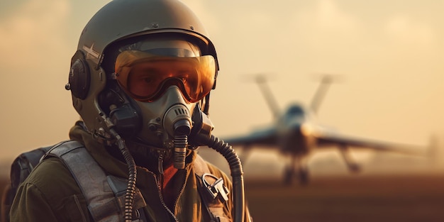写真 ai が生成した飛行機の背景にガスマスクを付けたパイロットのクローズアップ