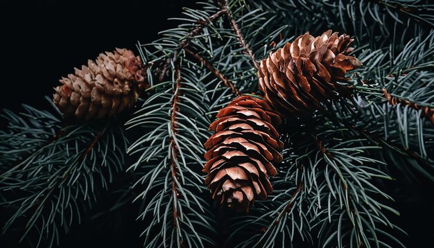 Фото Близкий снимок сосновых шишек на ветке в лесу сосновые шишки в темноте черный фон рождество