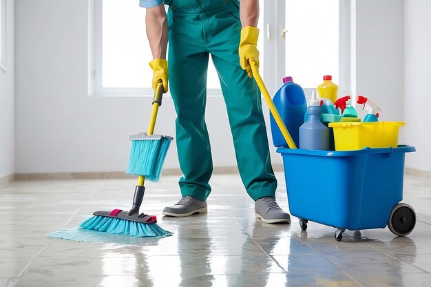사진 전문 청소기 세탁 바닥 청소 서비스 및 이동 일 개념의 클로즈업