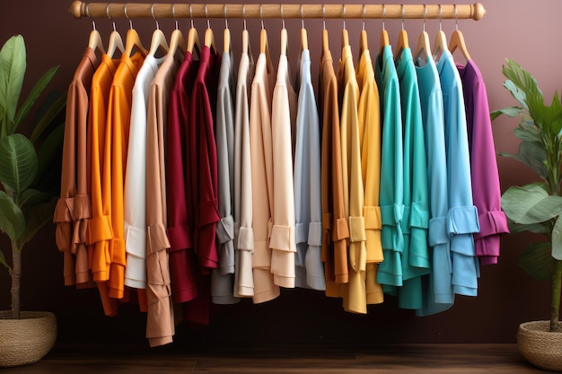 Фото Близкий взгляд на выбор цвета радуги модной женской одежды на вешалках в шкафу магазина