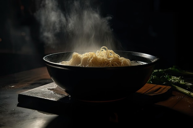 사진 생성 인공 지능으로 만든 뜨거운 국물과 국수에서 증기가 올라오는 라면 그릇을 닫습니다.