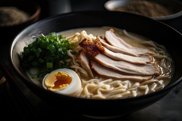 사진 생성 인공 지능으로 만든 맛있는 국물의 소용돌이와 함께 풍부하고 크림 같은 돈코츠 라면의 근접 촬영