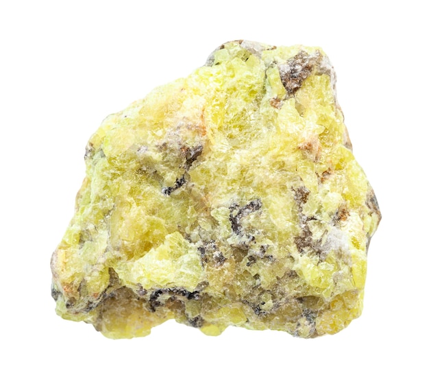 写真 白い背景に分離された地質コレクション生硫黄硫黄鉱石からの天然鉱物のサンプルのクローズ アップ
