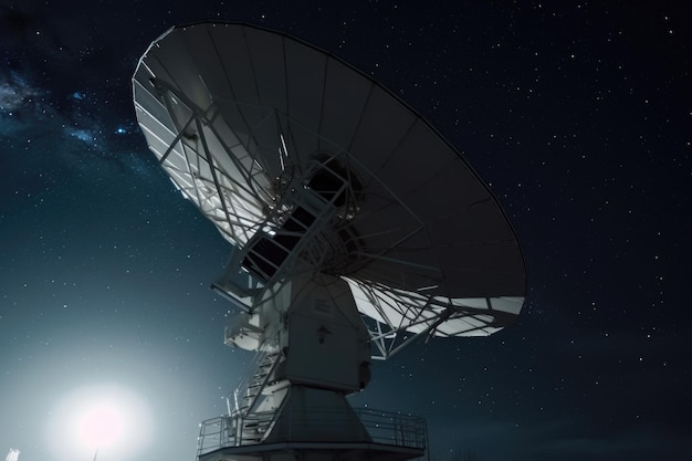 Фото Крупный план спутниковой антенны со звездами на заднем плане, созданный с помощью генеративного ии