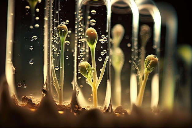 写真 水滴が見える試験管内で発芽した種子のクローズアップ