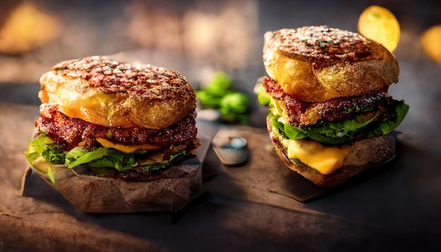 Фото Крупный план вкусного домашнего говяжьего бургера и салата на деревенском деревянном фоне фаст-фуд и нездоровая пища