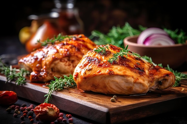 Фото Крупный план вкусной жареной куриной грудки, подаваемой на деревянной доске курица-гриль generative ai