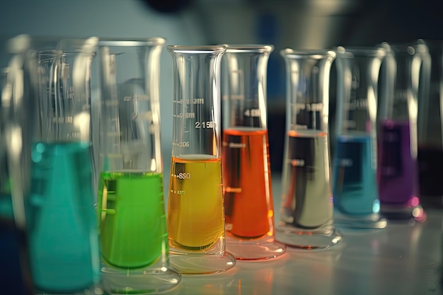 Фото Крупный план пробирок и стаканов с красочной жидкостью внутри, созданный с помощью генеративного ии