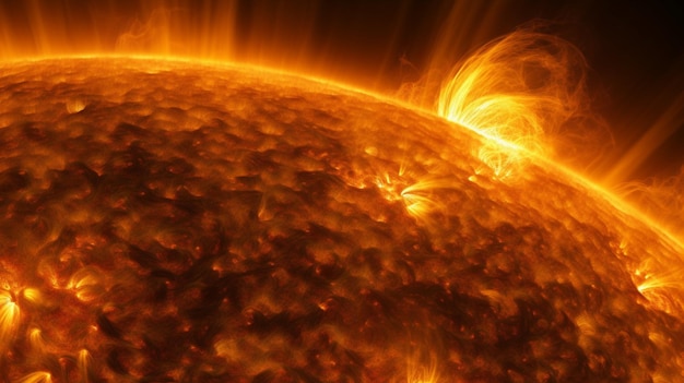 사진 태양 플레어가 있는 태양 표면의 근접 촬영