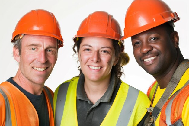 Фото Клоуз-ап трех строителей, улыбающихся в камеру на белом фоне
