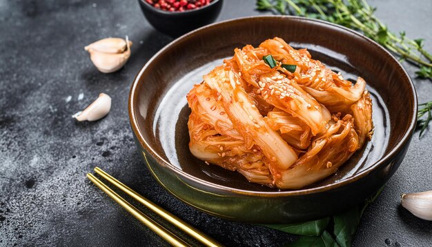 Фото Клоуз-ап традиционного корейского кимчи на тарелке вкусная азиатская еда кулинарная концепция