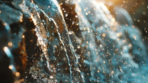 写真 岩石 の  から 落ちる 水滴 が 太陽 の 光 に 輝い て いる の を 近く から 見る