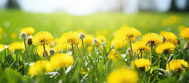 写真 緑の畑の黄色い春の花のクローズアップ