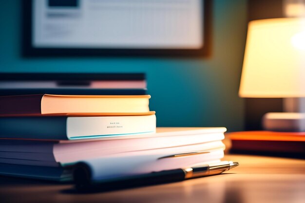 Closeup office desk with an organized stack of papers