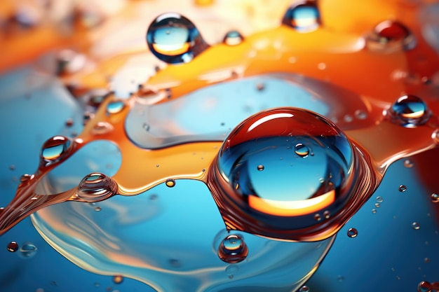 Closeup of oil droplets floating on water forming abstract shapes and patterns